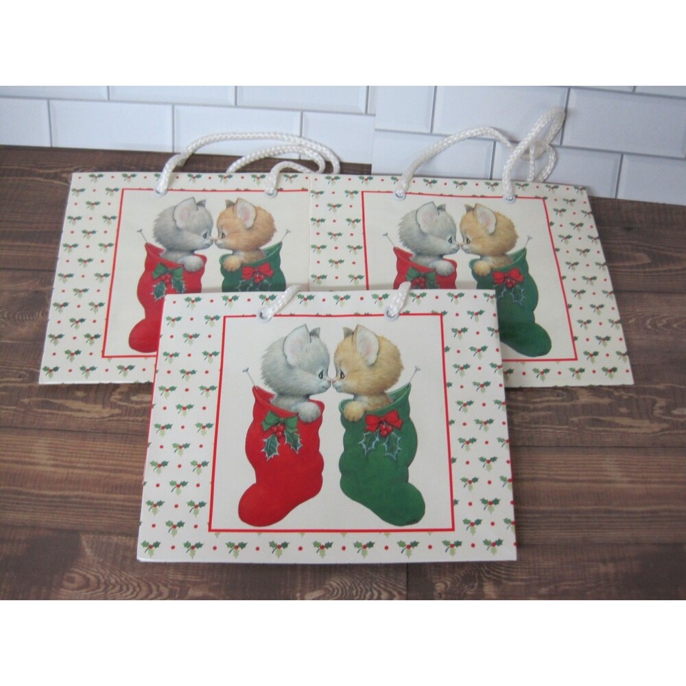 Vintage 1990 Christmas Cat Gift Bag Enesco Morehead Lot of 3 - 6x7"
